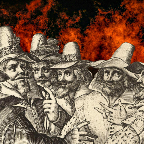 Gunpowder Plot conspirators in front of a bonfire celebrating Guy Fawkes Night.