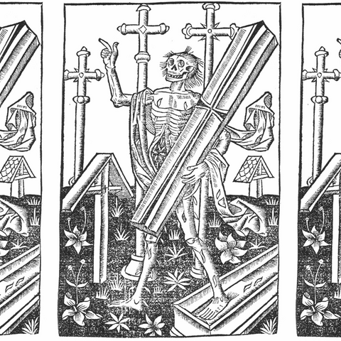 A corpse rising from its grave, a facsimile of an illustration in a 1600s book. The original is held by the Bavarian State Library.