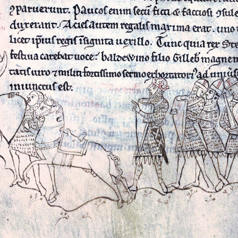 contemporary illustration of the Battle of Lincoln in 1141, from the Historia Anglorum; Stephen (wearing a crown, fourth from the right) is listening to Baldwin of Clare orating a battle speech (left).