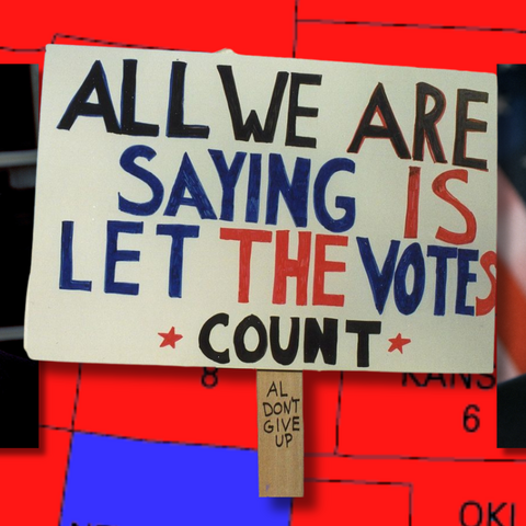 George W. Bush (left) and Al Gore Jr. (right) in front of the 2000 electoral map. In the center is a protest sign saying "All We Are Saying is Let the Votes Count."