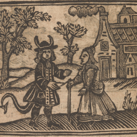 Illustration of Agnes Sampson speaking to the Devil in human form. From The History of Witches and Wizards (1720).