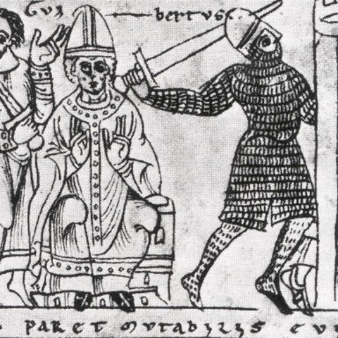 Illustration from Otto of Freising’s twelfth-century chronicle, which depicts Henry IV and Clement III presiding in Rome in 1084, and Gregory VII’s flight from the city and subsequent death in Salerno in 1085.