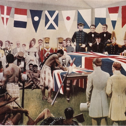 1939 Reconstruction of a Māori man signing the Treaty of Waitangi as British officers look on