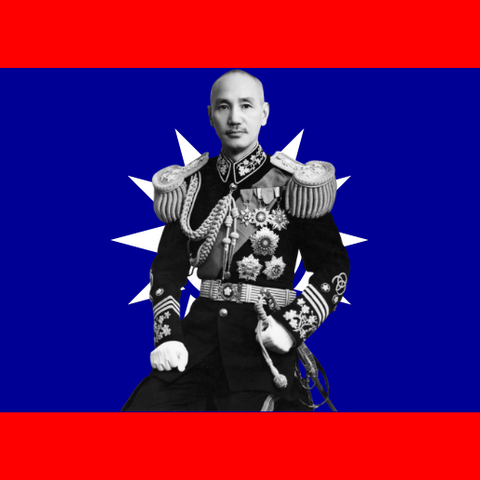 Chiang Kai Shek in front of a background of the National Revolutionary Army's flag.