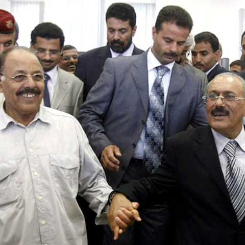 Vice President of Yemen and Deputy Supreme Commander of Yemeni Armed Forces Ali Muhsin al-Ahmar (left) with President Ali Abdullah Saleh (right) in 2011.