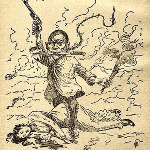 An 1899 cartoon of a Chinese man standing over a fallen white woman representing the Western world.
