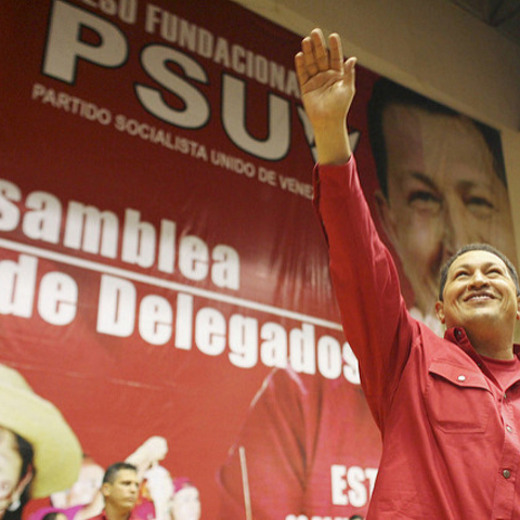President Hugo Chávez at a meeting of the Partido Socialista Unido de Venezuela.