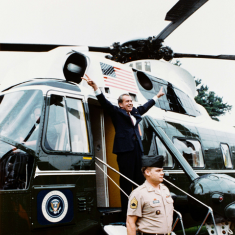 President Richard Nixon boarding Army One after resigning on August 9, 1974.