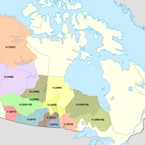 A map of the approximate borders of treaties between First Nations and Canada.