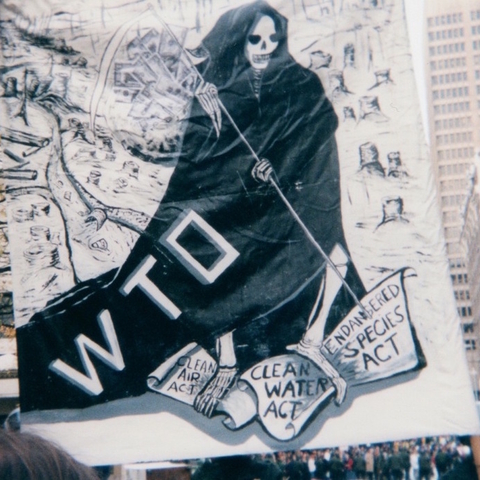 A protest sign from the 1999 WTO protests in Seattle, Washington.
