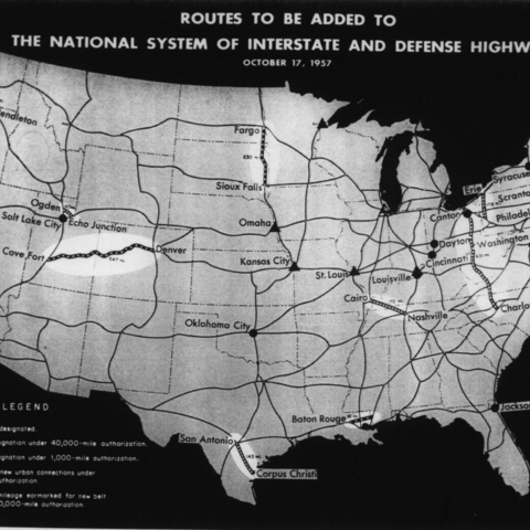 A 1957 map depicting the routes to be added to the National System of Interstate and Defense Highways.