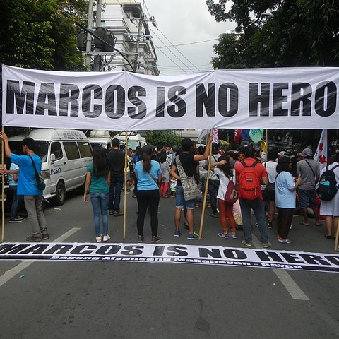 Protesters of the Supreme Court’s 2016 decision to bury the late president and dictator Ferdinand Marcos in the Heroes Cemetery.