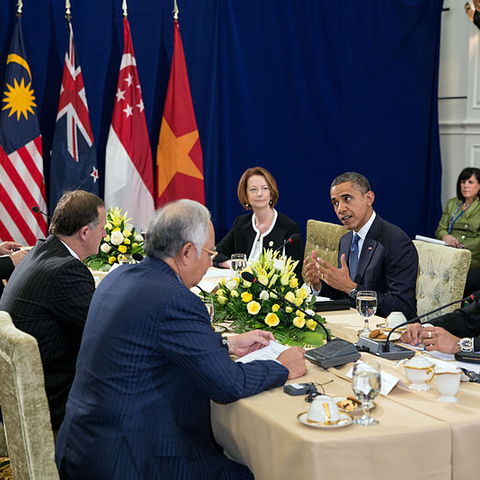 President Barack Obama meeting in Cambodia with potential signatories to the Trans-Pacific Partnership.