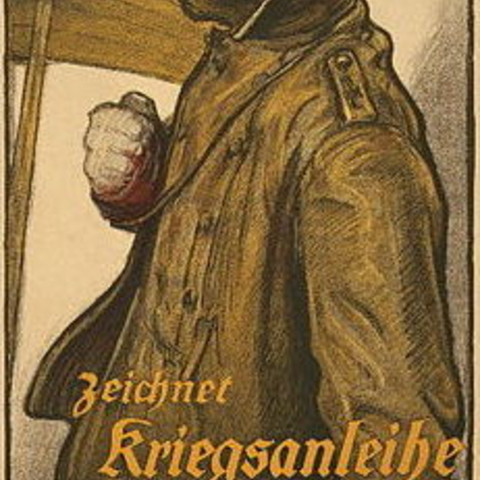 A German pilot on a 1918 poster for war loans with the upper text asking 'and you?'