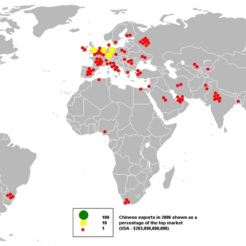 A map depicting the global distribution of Chinese exports in 2006.