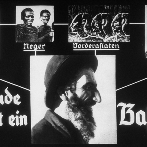 A slide from a Hitler Youth presentation on the supposed origins of Jewish people.