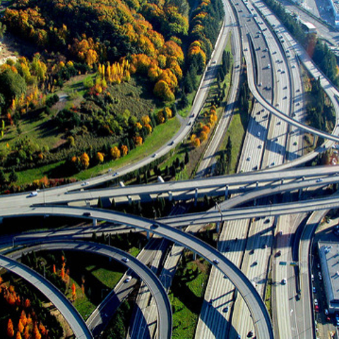 An aerial view of the highway system in Seattle.