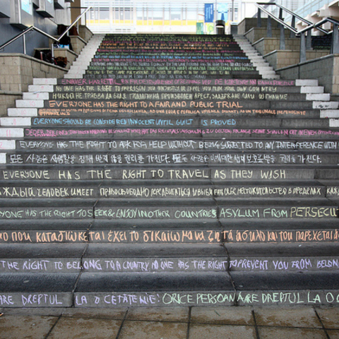 The Articles of the Universal Declaration of Human Rights written on steps of the Colchester Campus.
