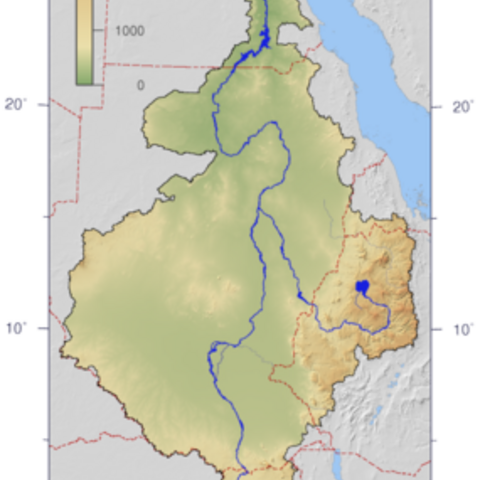 A topographic map of the Nile River watershed.
