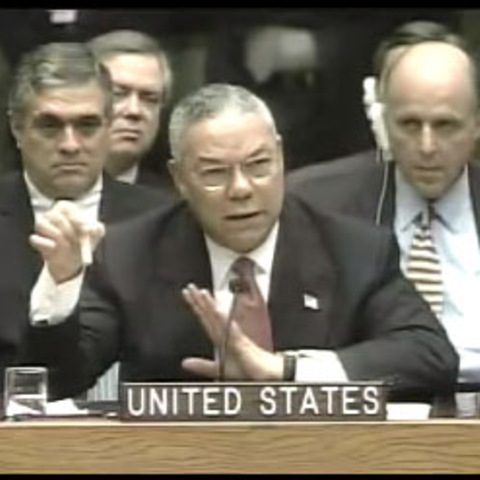 Secretary of State Colin Powell holding a vial of anthrax during a presentation to the United Nations Security Council in 2003.
