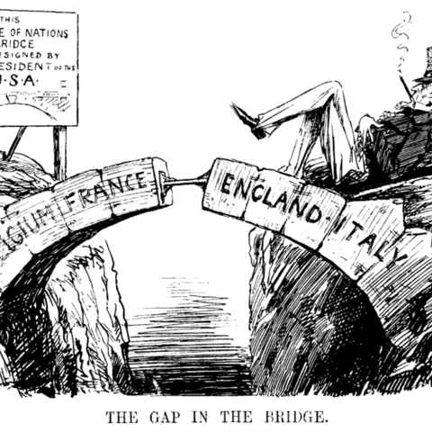 A 1919 political cartoon depicting the U.S.’s reluctance to join the League of Nations.