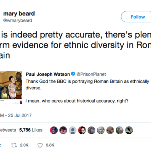 A tweet from Mary Beard in response to criticism of the BBC’s cartoon Roman Britain.