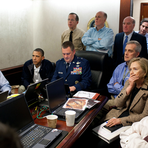 President Barack Obama, Vice President Joe Biden, and members of the national security team in the White House Situation Room.