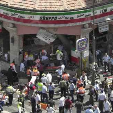Sbarro Pizzeria in Jeruslaem following a Hamas bombing that killed 15 and wounded 130 civilians, August 9, 2001