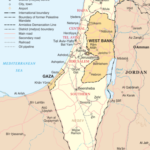 Map of Israel, the Palestinian territories (West Bank and Gaza Strip), the Golan Heights, and portions of neighbouring countries, 2004