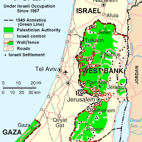 Map showing the territory under Palestinian control and Israeli settlements in the West Bank and Gaza, 2007