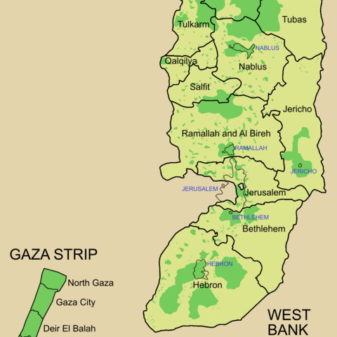 Detailed map of the Gaza Strip and the West Bank, showing the political divisions, and areas of Palestinian [green] and Israeli control, 2006