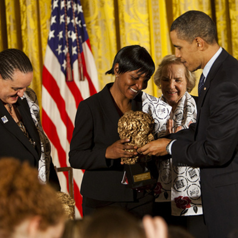 Jenni Williams (Left) and Magodonga Mahlangu (Center) of Women of Zimbabwe Arise (WOZA) receiving the Robert F. Kenndey Human Rights Award from President Barack Obama in November 2009.