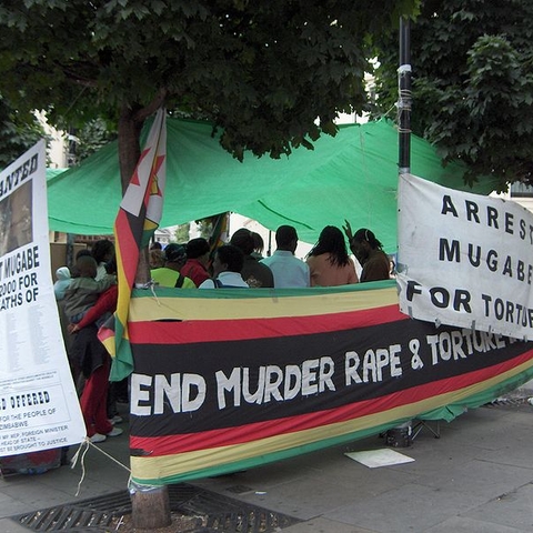 Demonstration against Robert Mugabe's regime next to the Zimbabwe embassy in London, August 2006