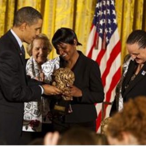 Jenni Williams (Left) and Magodonga Mahlangu (Center) of WOZA receiving the Robert F. Kennedy Human Rights Award from President Barack Obama