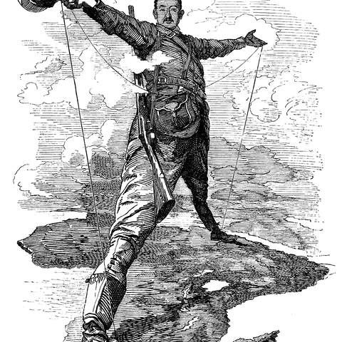 The Rhodes Colossus: Cecil Rhodes after he announced plans for a telegraph and rail line from Cape Town to Cairo in 1892