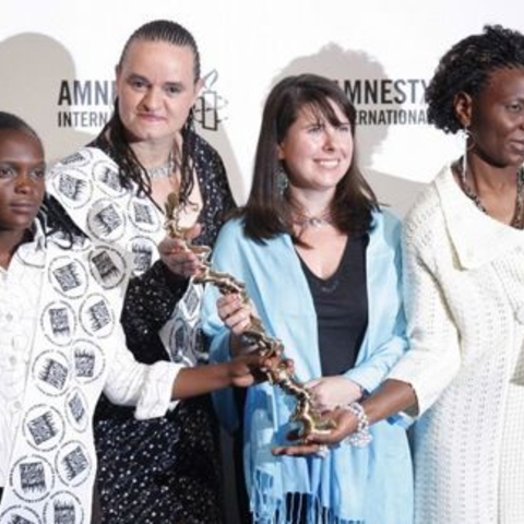 From left, Bokani Nleya, Jenni Williams, Tracy Leigh Doig and Magodonga Mahlangu from WOZA with their Human Rights award, November 2008