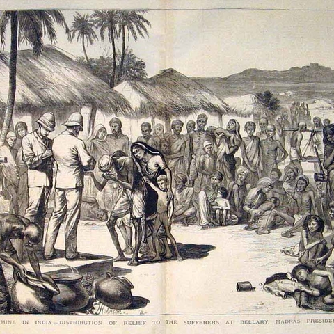 Drawing depicting the distribution of food aid during the Madras Famine in 1877, from the Illustrated London News, 1877  