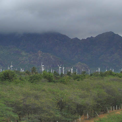 A wind farm near a railway station in India, an example of how India is attempting to expand its power infrastructure  