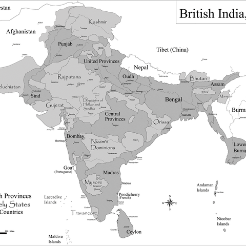 Map of India in 1860, around when the British Crown took control from the British East India Trading Co.