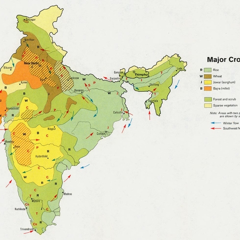 Agricultural Map showing crop type by region in India, 1973