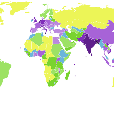 Global Map showing population density by country. Figures are people per square kilometer