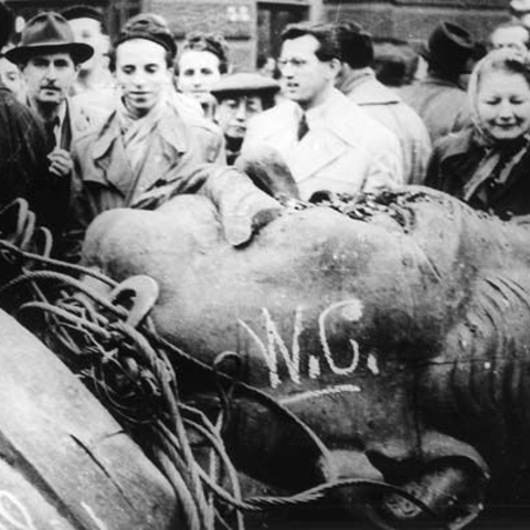 Stalin's toppled statue in Budapest during the 1956 Hungarian Revolution