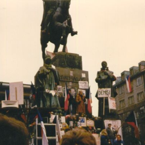 An organized mass demonstration at Wenceslas Square in Prague during the Velvet Revolution, November 1989  