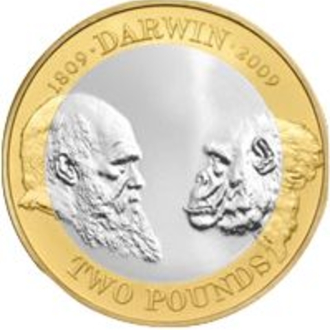 The British Two Pound Coin commemorating the 200th Anniversary of Darwin's Birth in 2009