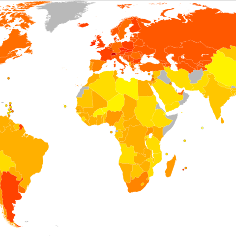World Map of energy consumption (kcal/person/day) in 1961, from under 1500 (light yellow) to over 3500 (dark red) and a global average of 2,253.9
