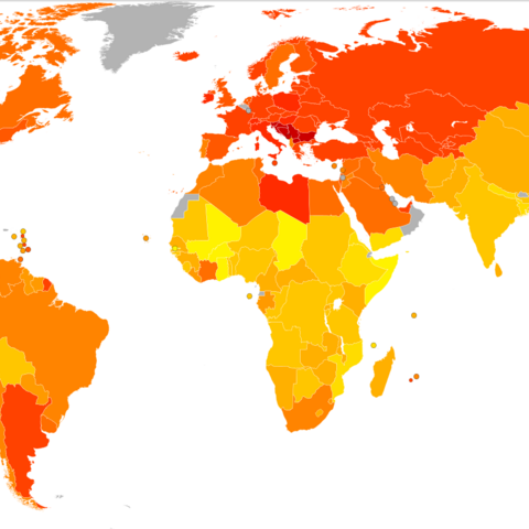 World Map of energy consumption (kcal/person/day) in 1981, from under 1500 (light yellow) to over 3500 (dark red) and a global average of 2,550