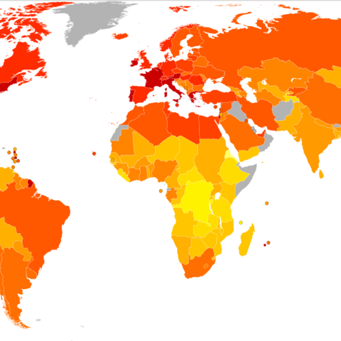 World Map of energy consumption (kcal/person/day) in 2001, from under 1600 (light yellow) to over 3600 (dark red) and a global average of 2,800