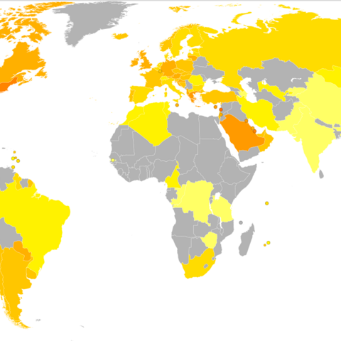 World Map of obesity in adult males (as % of population with a Body Mass Index over 30) per country, 2008, from under 5% (light yellow) to 35% (dark orange)