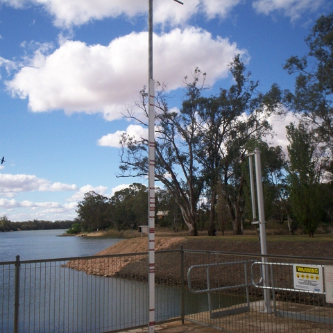 Flood markers at Lock 11 in Mildura. The second highest red marking is where the river reached in 1956
