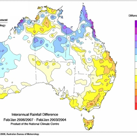 Map of Australia Showing the Three Year Difference in Rainfall Totals, 2004-2007